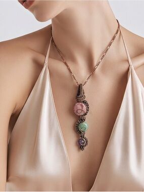 1-of-a-kind Hand Wrapped Jasper, Lepidolite & Amethyst Artisan Copper Necklace ✨